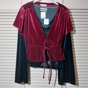 Urban Outfitters Goldie Marie Velvet 2 Tops Ruched Cinched Green Red Blouses 90s